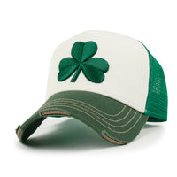 ililily PREMIUM Clover Embroidery Cotton Trucker Hat Distressed Baseball Cap