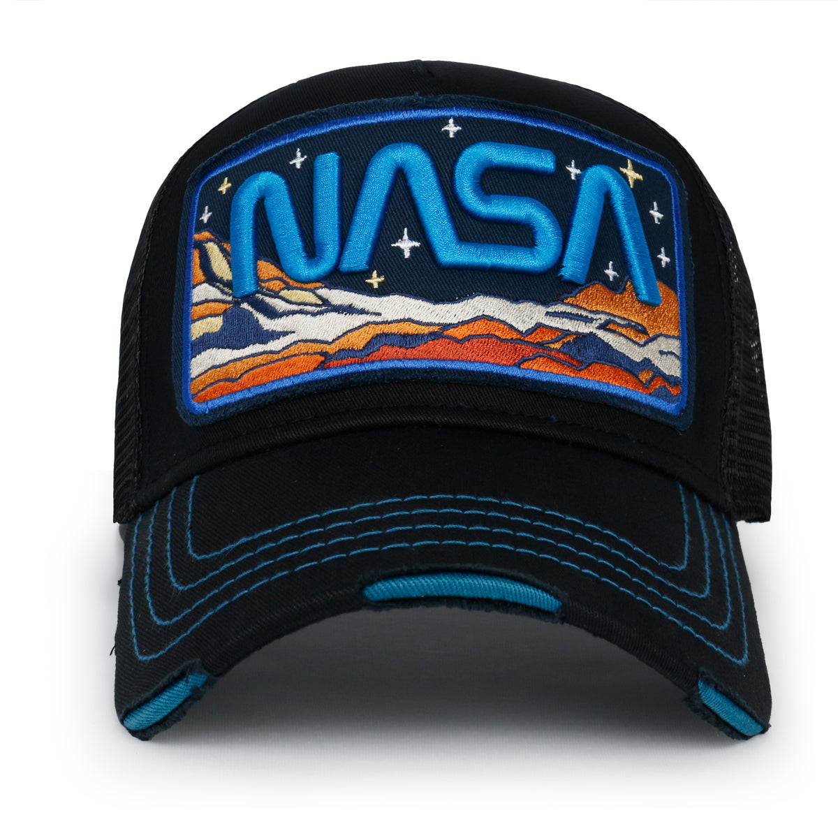 ililily PREMIUM NASA Mars Mission Embroidered Distressed Trucker Cap