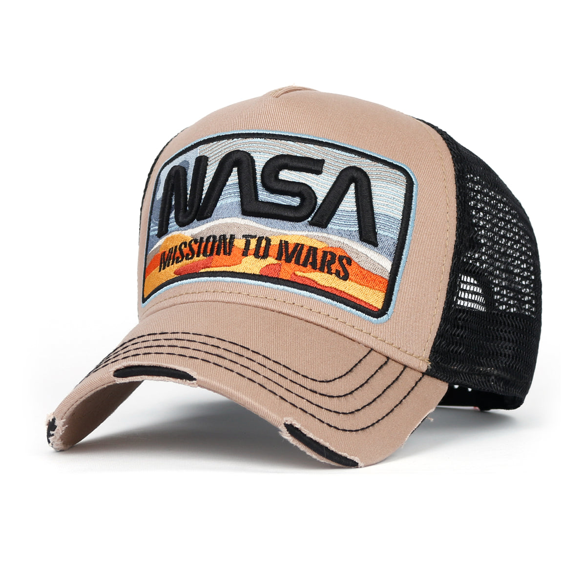 ililily PREMIUM NASA Mars Mission Embroidered Distressed Trucker Cap
