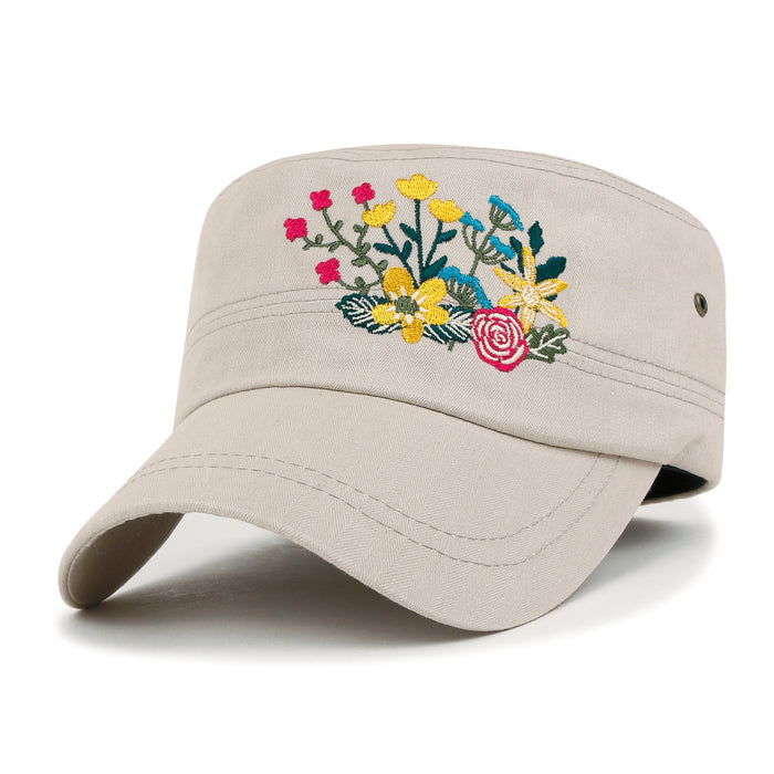 ililily Flower Embroidery Cotton Military Army Hat Women Casual Cadet Cap