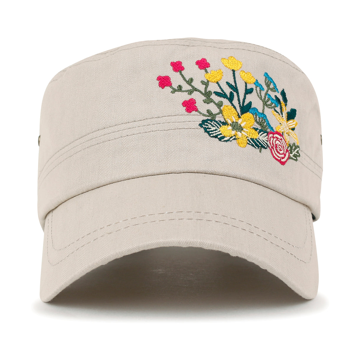 ililily Flower Embroidery Cotton Military Army Hat Women Casual Cadet Cap