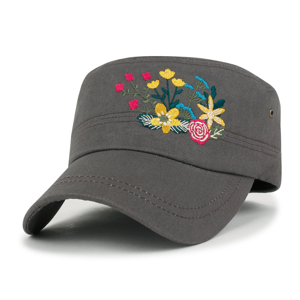 ililily Flower Embroidery Cotton Military Army Hat Women Casual Cadet Cap