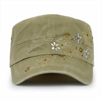 ililily Crystal / Black Gemstone Flower Vintage Military Army Hat Cadet Cap