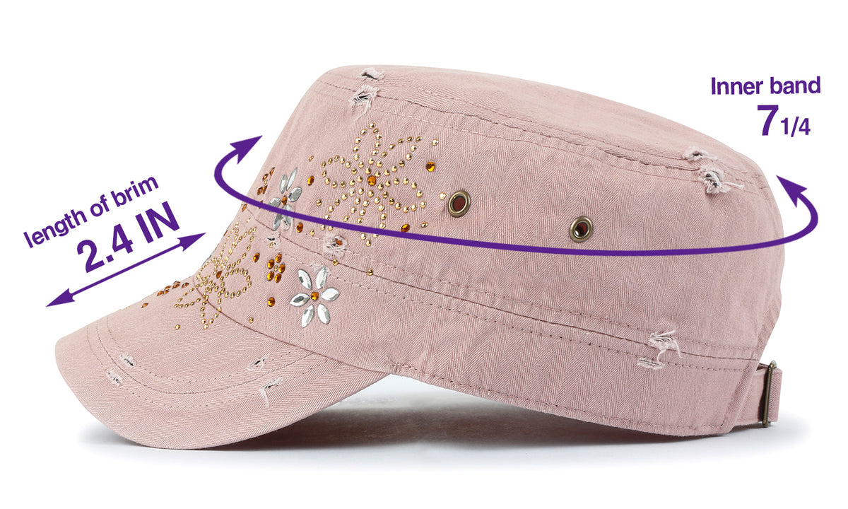 ililily Crystal Gemstone Stud Flower Vintage Cotton Military Army Hat Cadet Cap