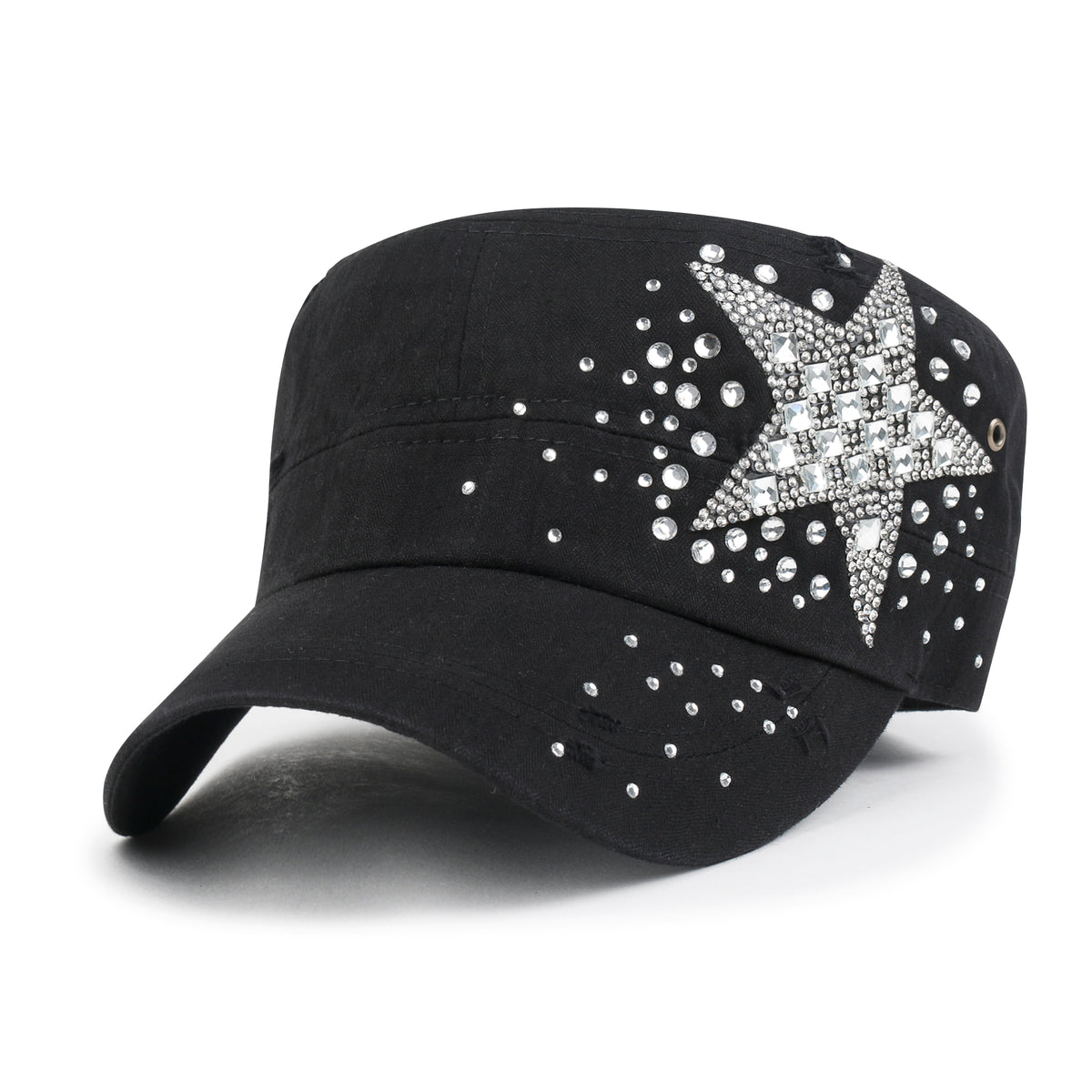 ililily Vintage Distressed Cotton Army Hat Star Shape Rhinestone Cadet Cap