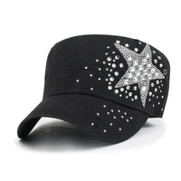 ililily Vintage Distressed Cotton Army Hat Star Shape Rhinestone Cadet Cap
