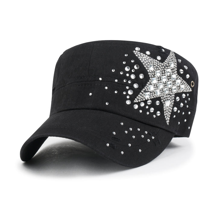 ililily Vintage Distressed Cotton Army Hat Star Shape Rhinestone Cadet Cap